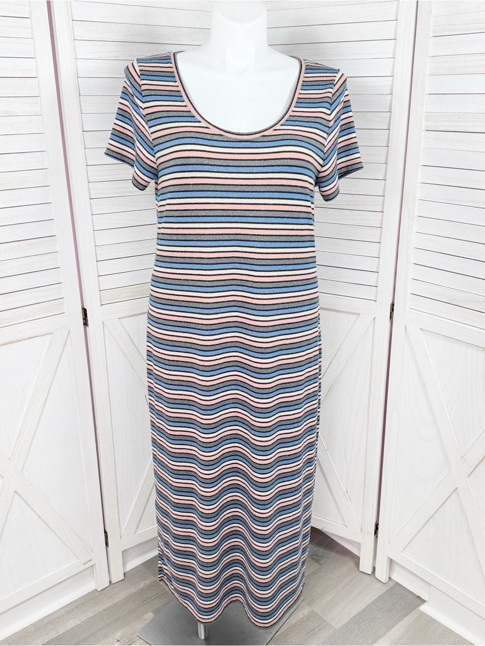 Loft Striped Shimmer Knit Midi Tee Shirt Dress Pink Blue Grey Metallic Size XL